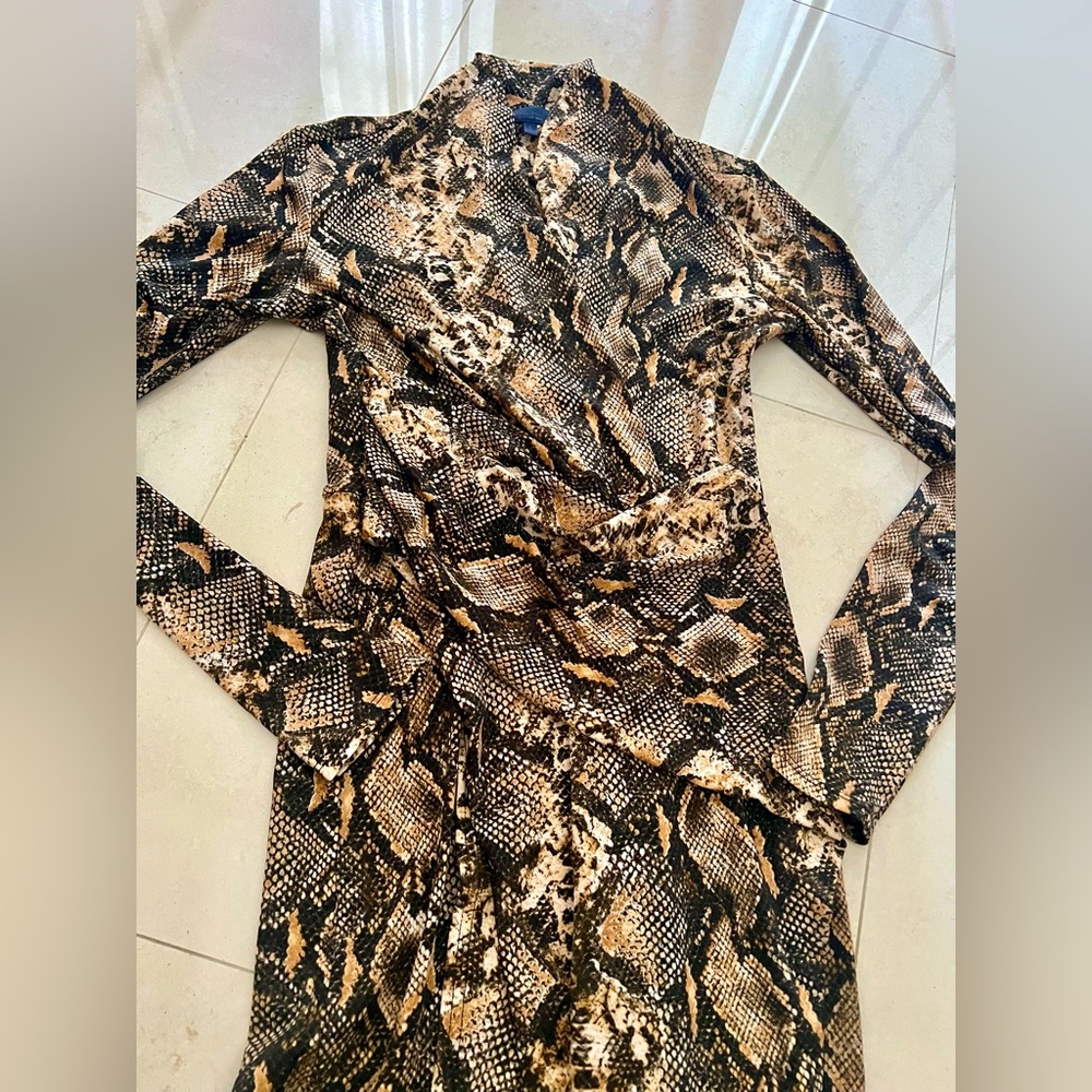 FREE SHIPPING !! RACHEL ZOE Snakeskin Long sleeve Faux Wrap Fashion Dress